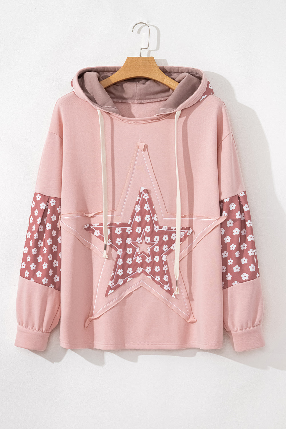 Star Patch Graphic Floral Colour Block Drawstring Plus Size Hoodie | Delicacy