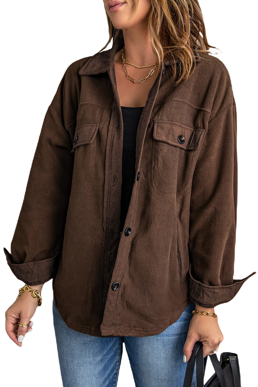 Turn Down Collar Buttoned Shirt Jacket | Brown