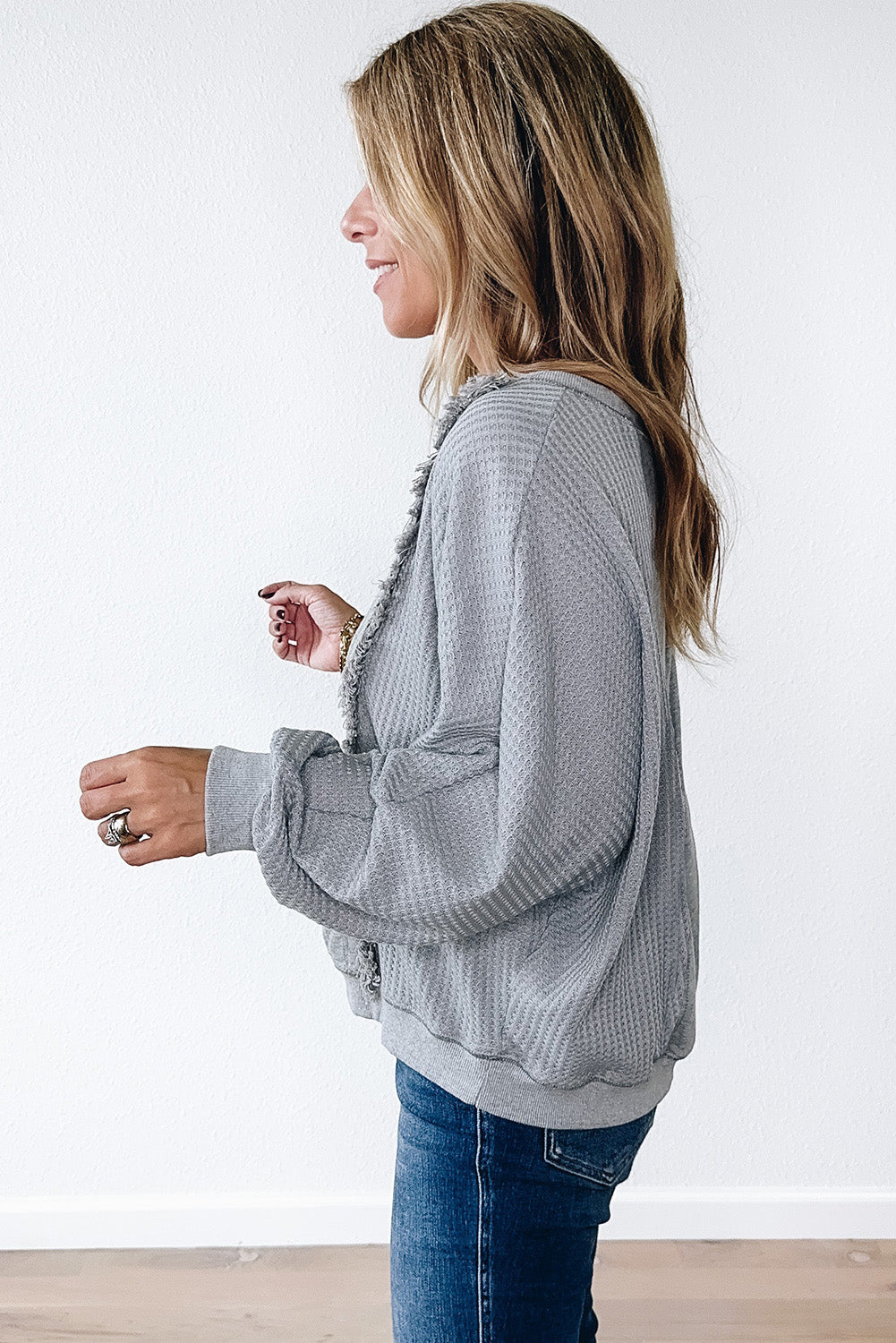 Waffle Patchwork Long Sleeve Raw Hem Pullover Top | Light Grey