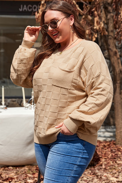 Solid Checkered Textured Knit Plus Size Sweater | Light French Beige