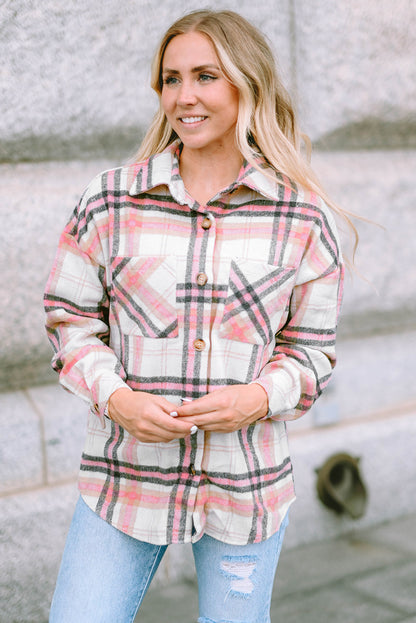 Plaid Button Front Chest Pocket Shacket | Pink