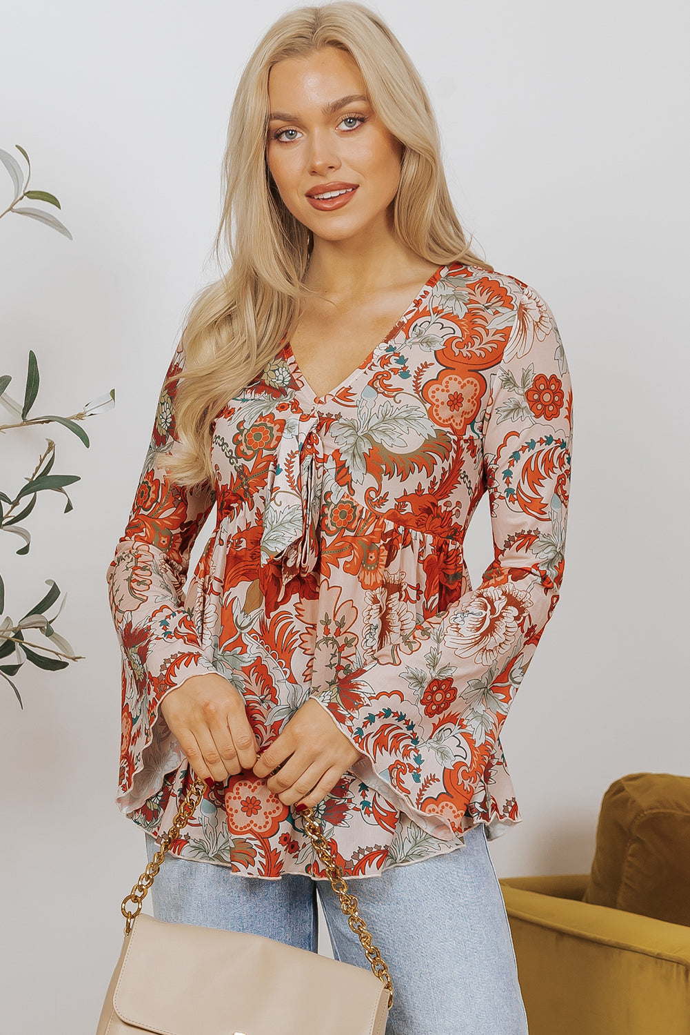 Floral Print Deep V Neck Knot Bell Sleeve Blouse | Orange