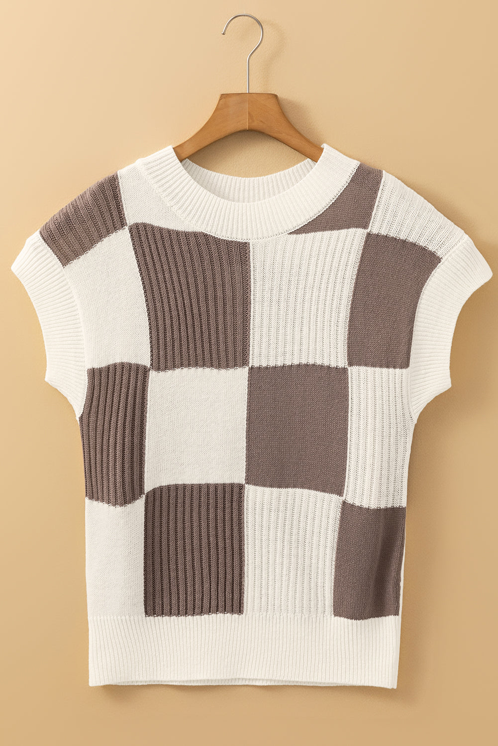 Checkered Colour Block Crew Neck Short Sleeve Sweater | Khaki