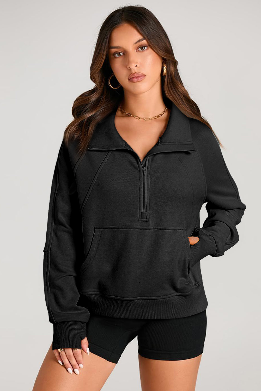 Quarter Zip Stand Neck Kangaroo Pocket Sweatshirt | Black