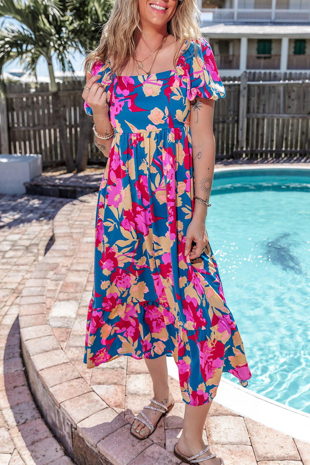 Square Neck Bubble Sleeve Ruffled Floral Dress | Dark Blue