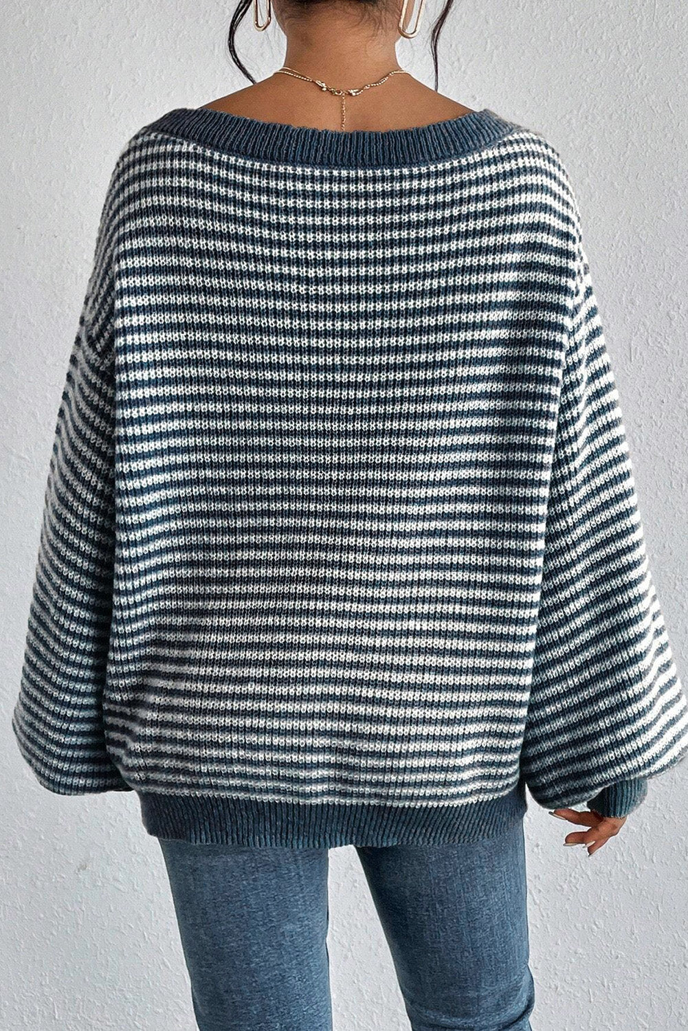 Striped Lantern Sleeve Drop Shoulder Cozy Sweater | Sail Blue