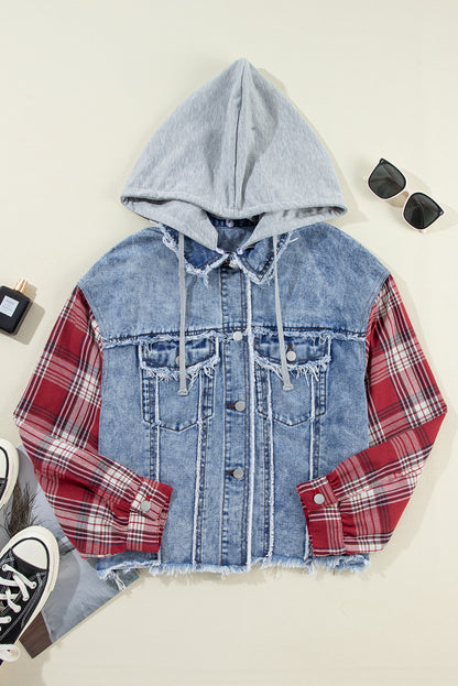 Plaid Print Patchwork Hooded Raw Hem Denim Jacket | Beau Blue