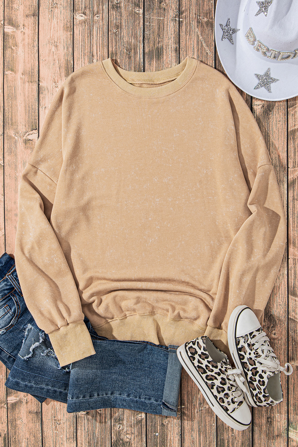 Drop Shoulder Ribbed Trim Oversized Sweatshirt | Khaki