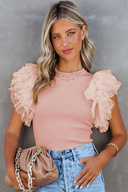 Dotty Mesh Ruffle Sleeve Ribbed Knit Top | Pink