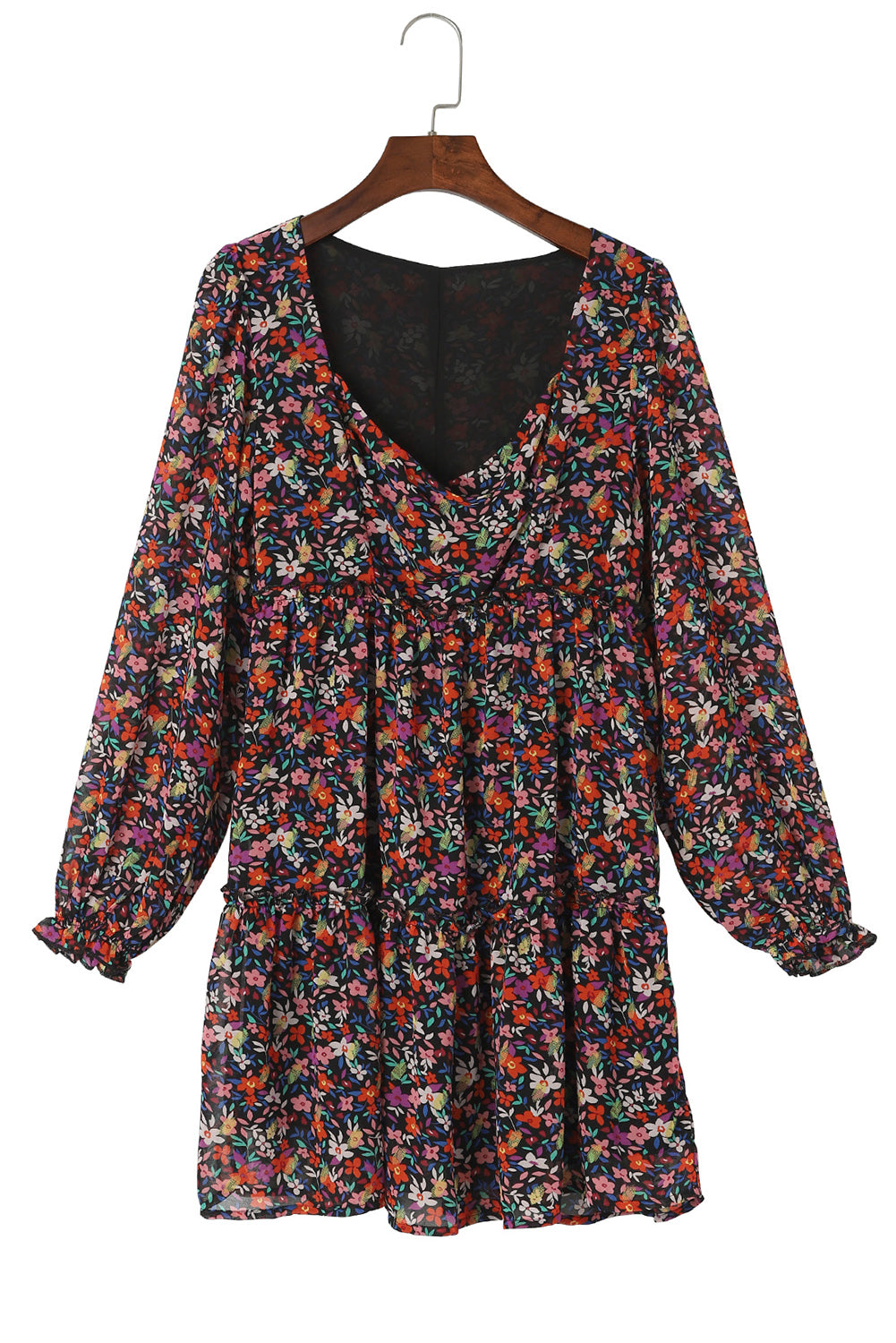 Wrapped V Neckline Long Sleeve Floral Dress | Black