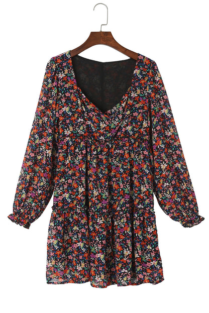 Wrapped V Neckline Long Sleeve Floral Dress | Black