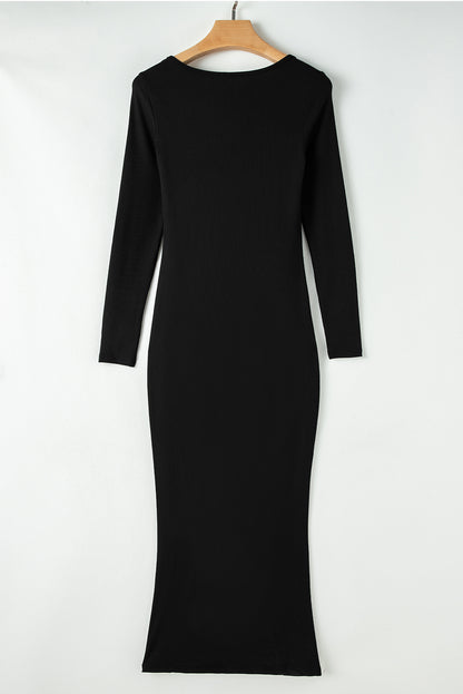 Long Sleeve Square Neck Maxi Bodycon Dress | Black