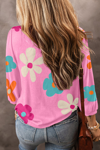 Cute Flower Print Bracelet Sleeve Top | Rose