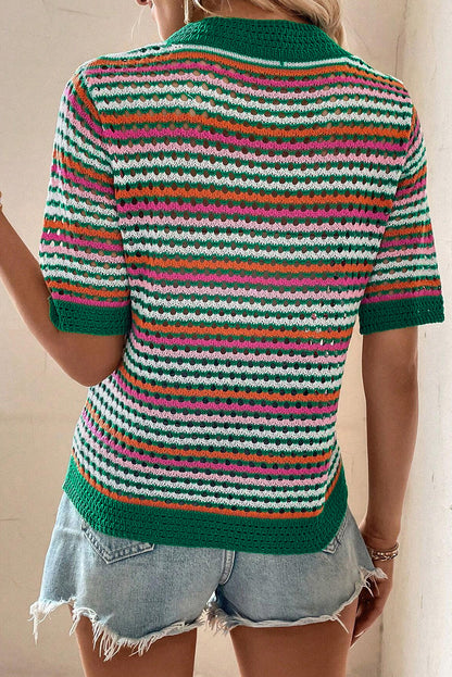 Striped Pattern Contrast Trim Pointelle Knit T Shirt | Dark Green