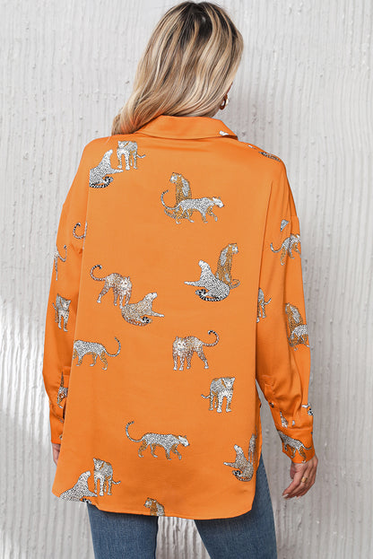 Cheetah Animal Print Button Up Satin Shirt | Russet Orange