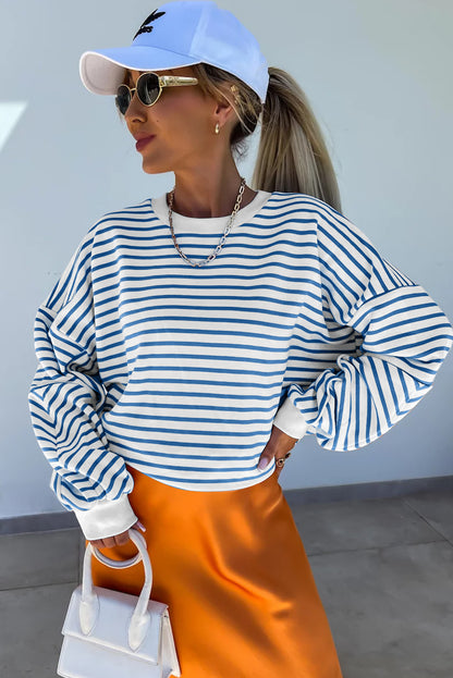 Drop Shoulder Crew Neck Loose Sweatshirt | Blue Stripe