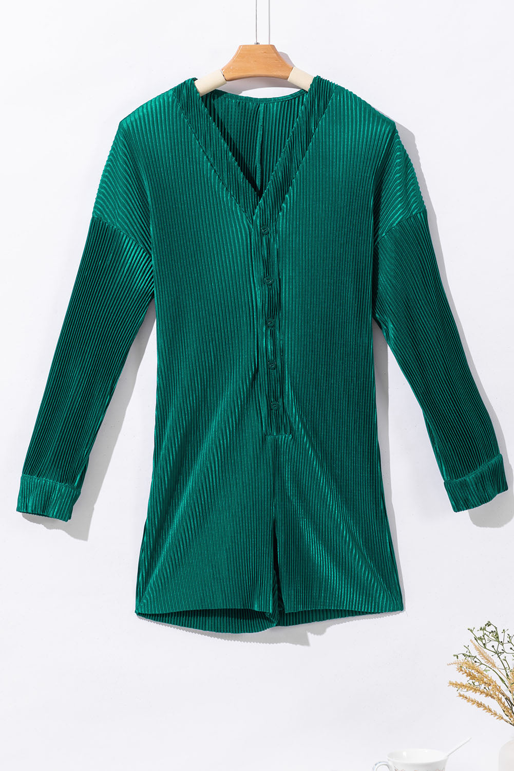 Ribbed Long Sleeve Button Front Romper | Sea Green