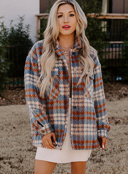 Plaid Print Chest Pockets Turn Down Collar Shacket | Cinnamon