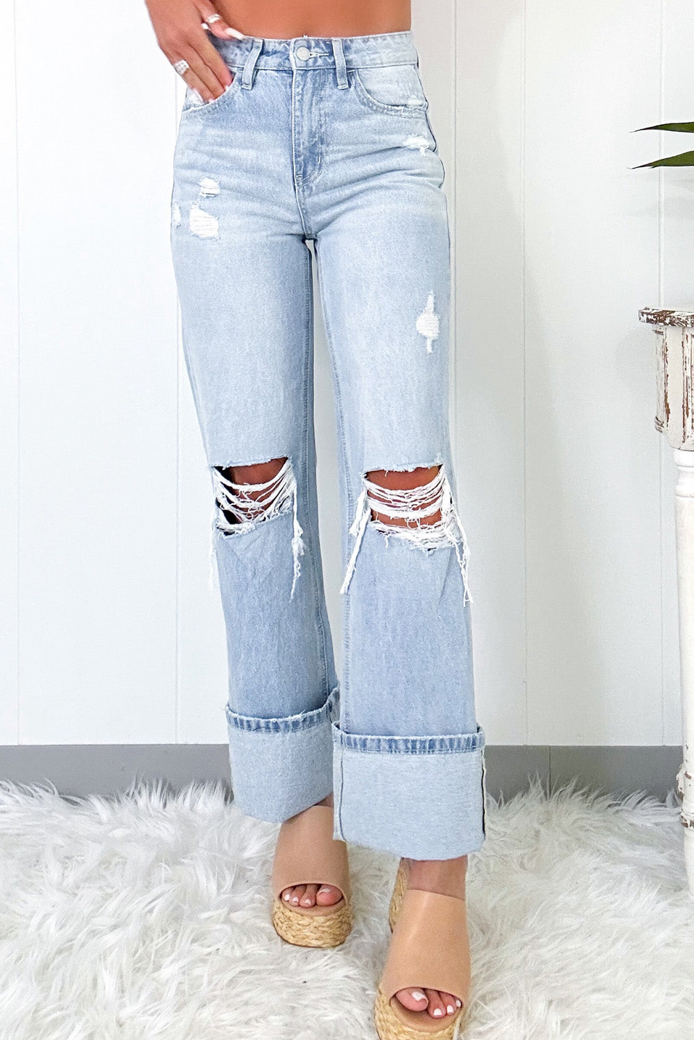 Light Wash Distressed Flare Jeans | Beau Blue