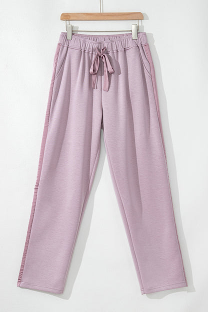 Drawstring Waist Satin Stripe Patch Straight Leg High Waist Pants | Orchid Petal