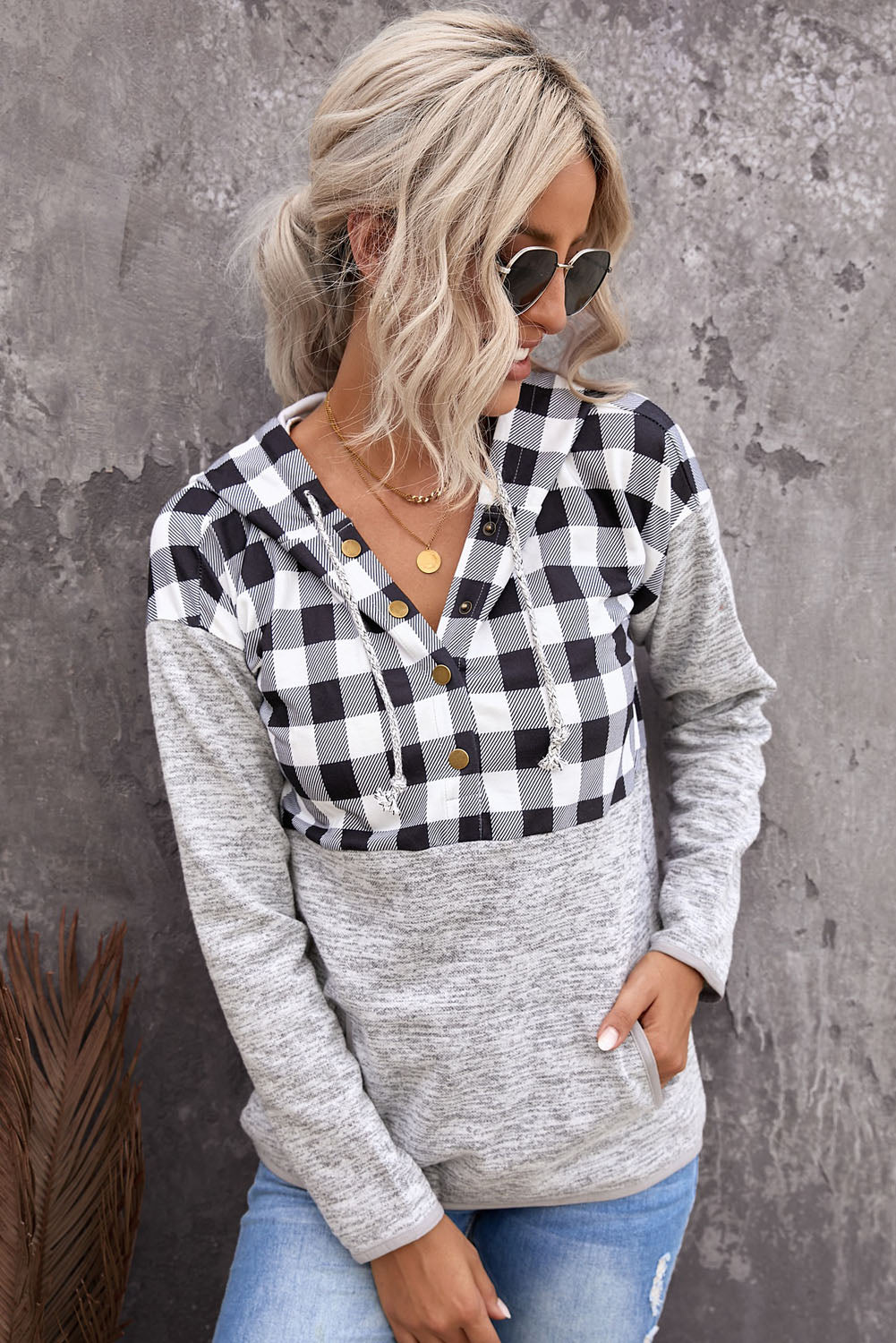 Plaid Splicing Pocketed Hoodie | Black