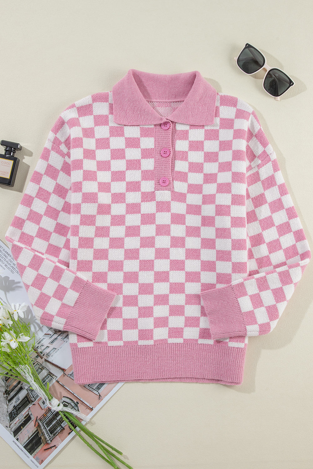 Checkered Buttons Collar V Neck Drop Shoulder Sweater | Pink