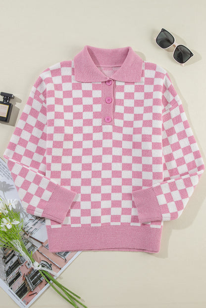 Checkered Buttons Collar V Neck Drop Shoulder Sweater | Pink