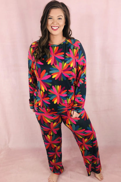 Plus Size Printed Long Sleeve And Pants Lounge Set | Black