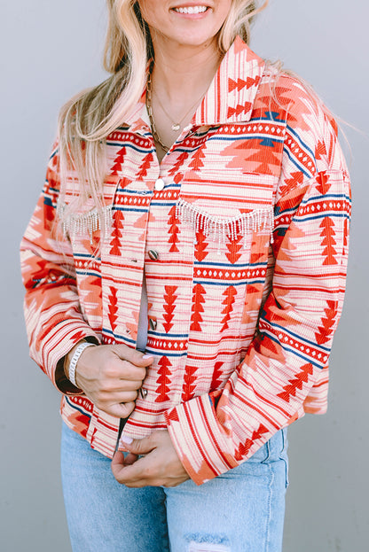 Fiery  Western Aztec Print Corduroy Jacket | Red