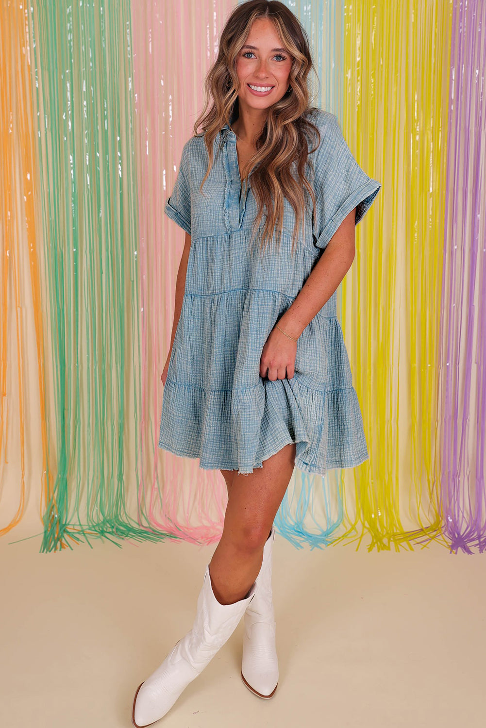 Mineral Wash Crinkle Split Neck Raw Hem Tiered Dress | Beau Blue