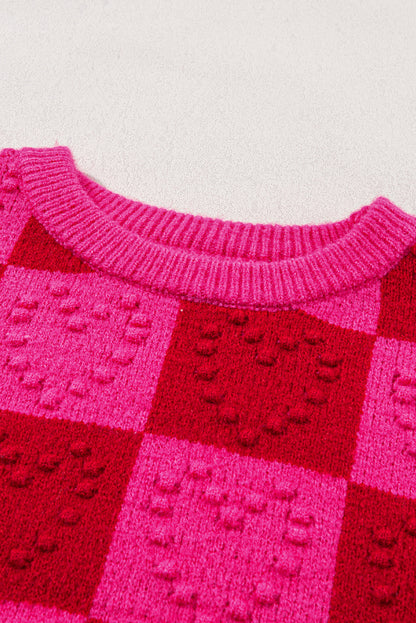 Checkered Pattern Heart Detail Textured Sweater | Multicolour