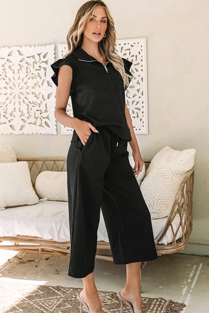 Textured Flutter Sleeve Top Wide Leg Pants Set | Black