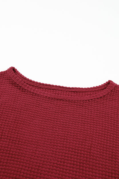 Fiery  Waffle Knit Drop Shoulder Long Sleeve Top | Red