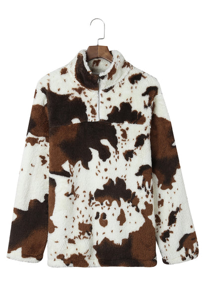 Zip Collar Cow Print Fleece Sweatshirt | White