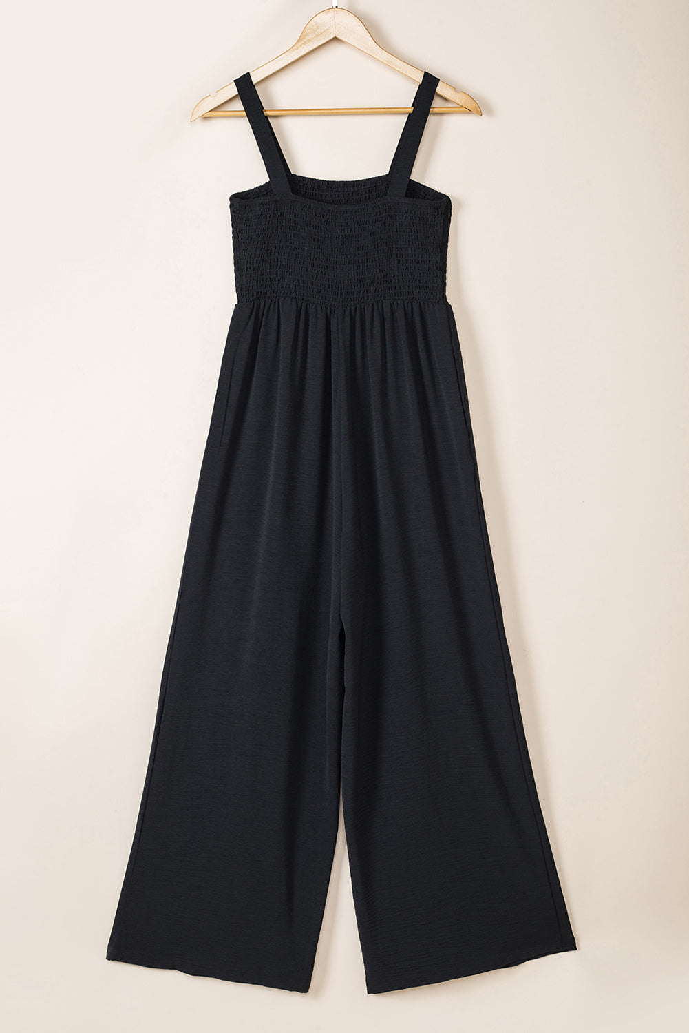 Smocked Sleeveless Wide Leg Jumpsuit With Pockets | Black