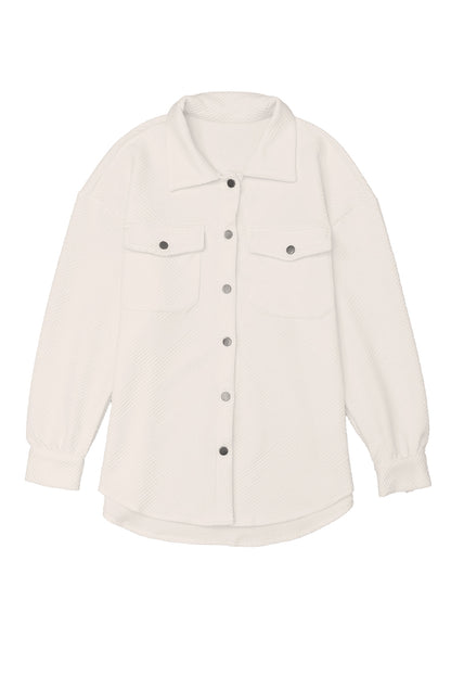 Solid Textured Flap Pocket Buttoned Shacket | Beige