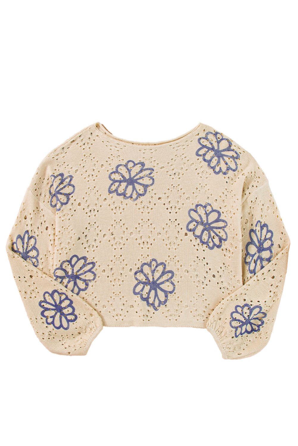 Contrast Flower Print Eyelet Drop Shoulder Sweater | Beige