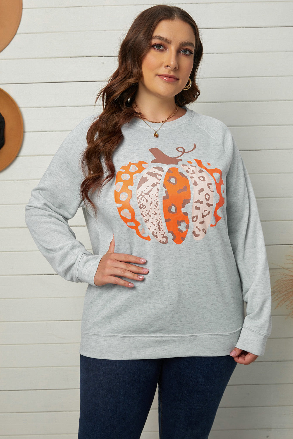 Halloween Pumpkin Leopard Print Plus Size Sweatshirt | Gray