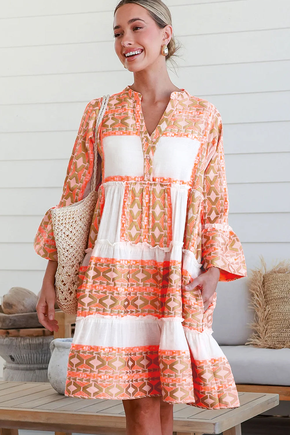 Geometric Print Ruffle Tiered Button V Neck Dress | Orange