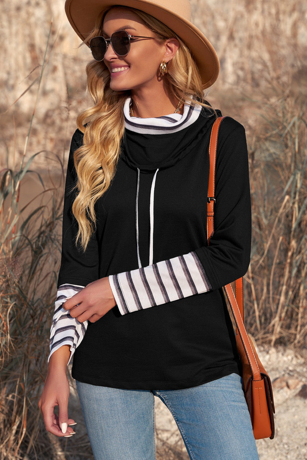 Striped Splicing High Neck Sweatshirt | Black