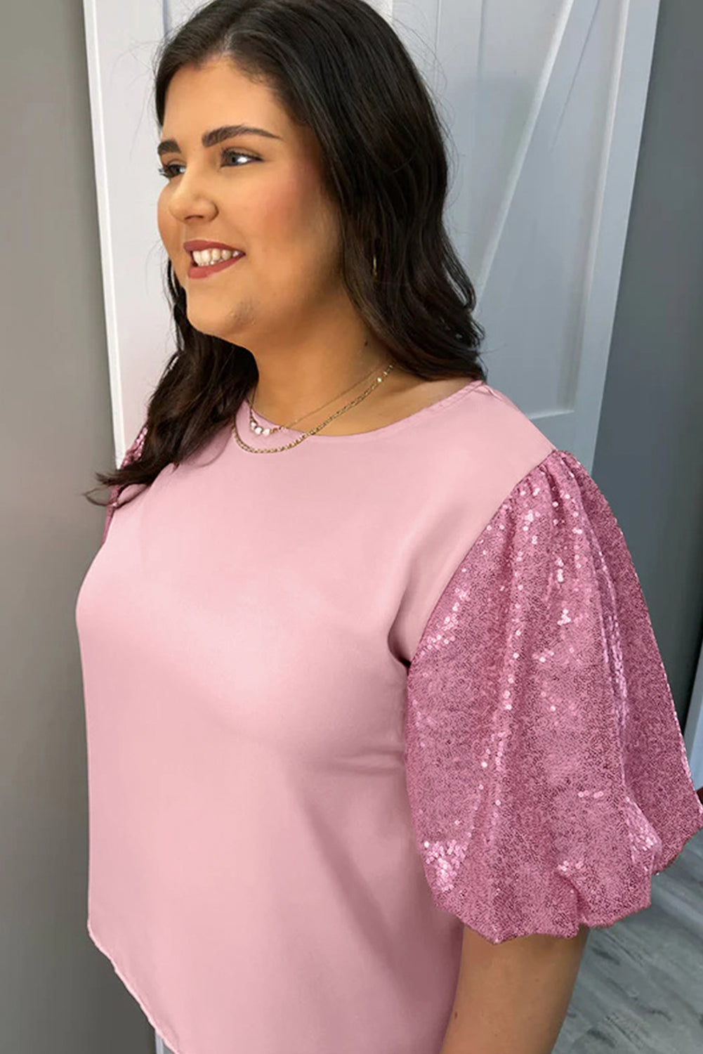 Contrast Sequin Bubble Sleeve Plus Size T-Shirt | Pink