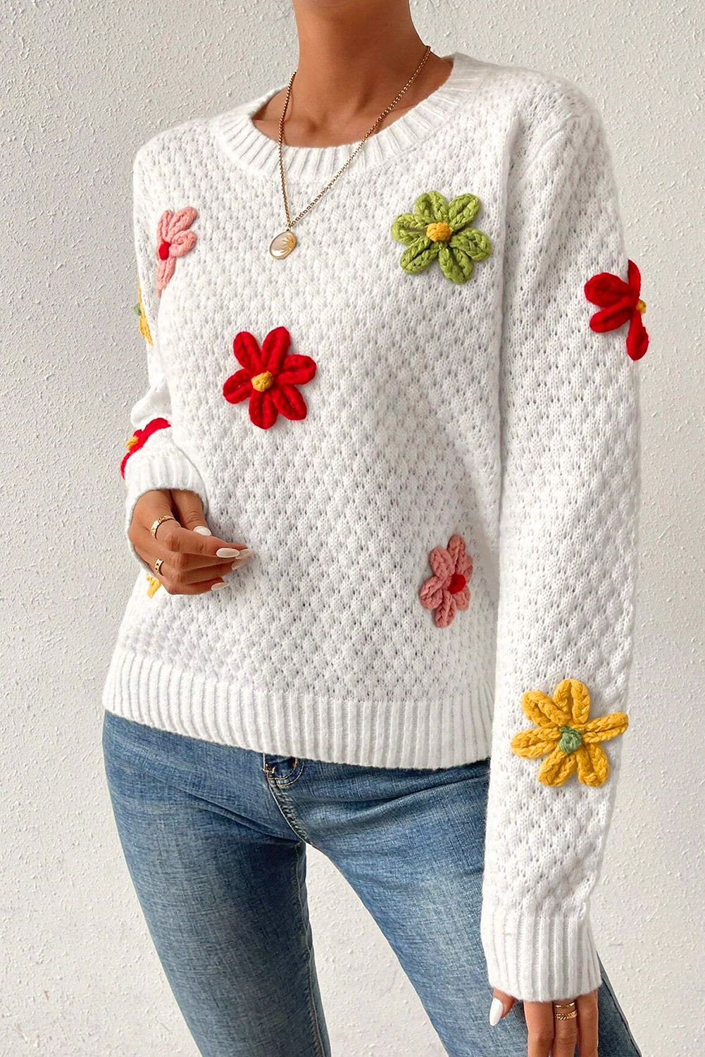 Colourful Flower Applique Textured Knit Sweater | White