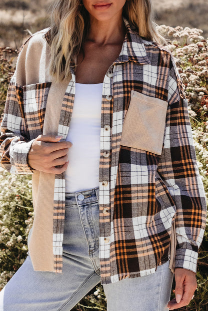 Thermal Knit Plaid Patchwork Shacket | Khaki