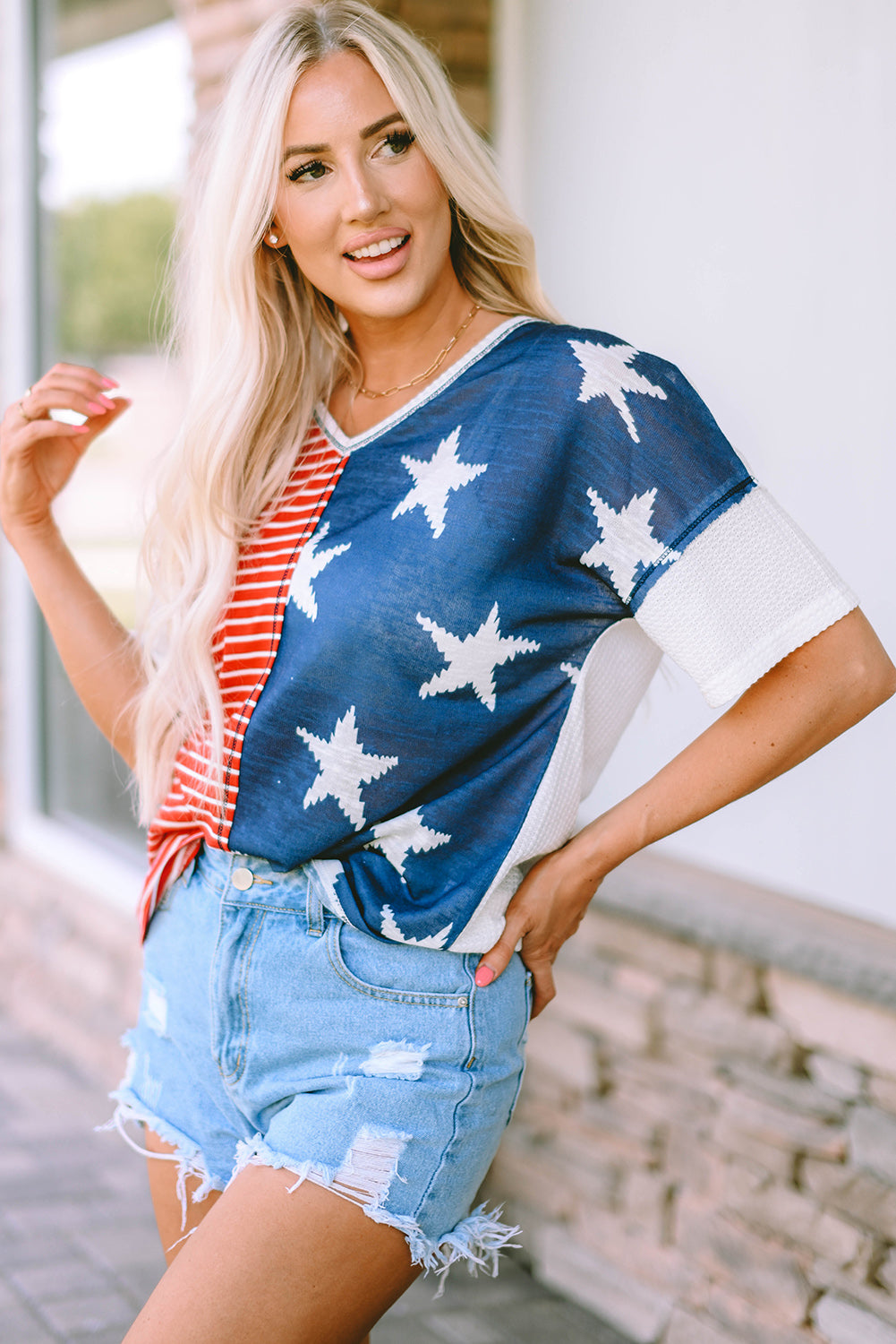 Multicolor Stripes Stars Print Knit Short Sleeves Top