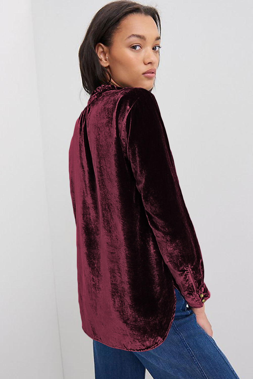 Burgundy Frilled Neck Buttoned Front Velvet Top | Biking Red