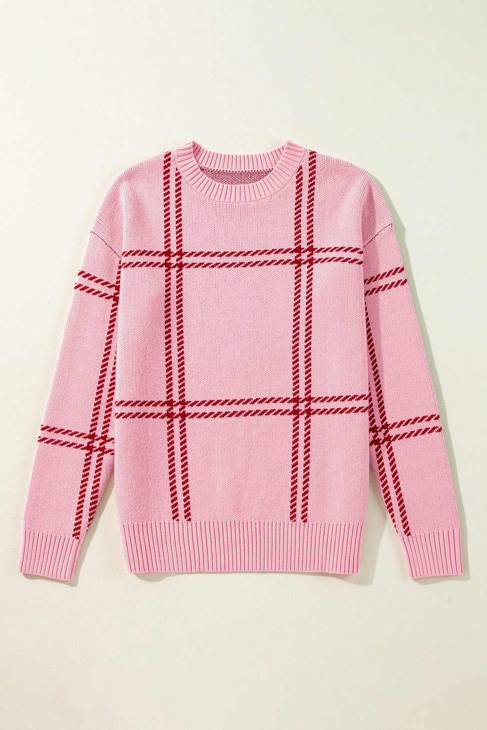 Plaid Pattern Knitted Drop Shoulder Sweater | Pink