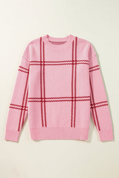 Plaid Pattern Knitted Drop Shoulder Sweater | Pink