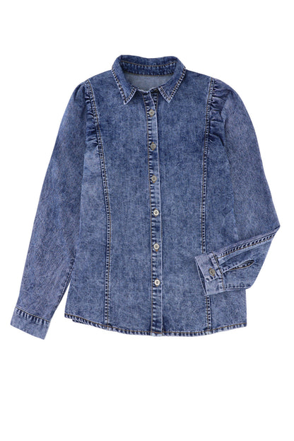 Puff Sleeve Button-Up Denim Jacket | Blue