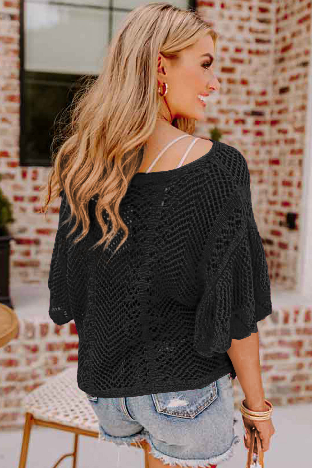 Pointelle Knit Scallop Edge Short Sleeve Top | Black