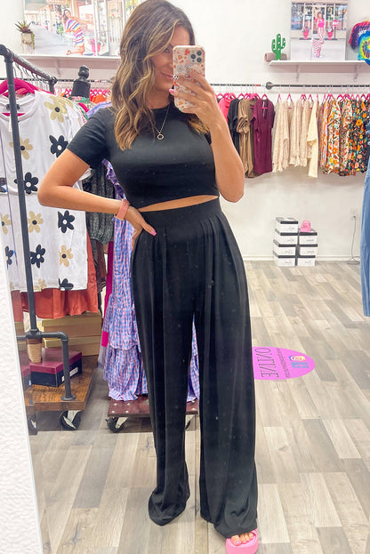 Slim Fit Crop Top And Pleated Wide Leg Pants Set | Black